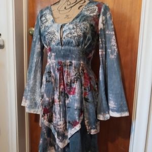NWT RU Apparel Long Sleeve Blue Tie Dye and Rose Print Dress